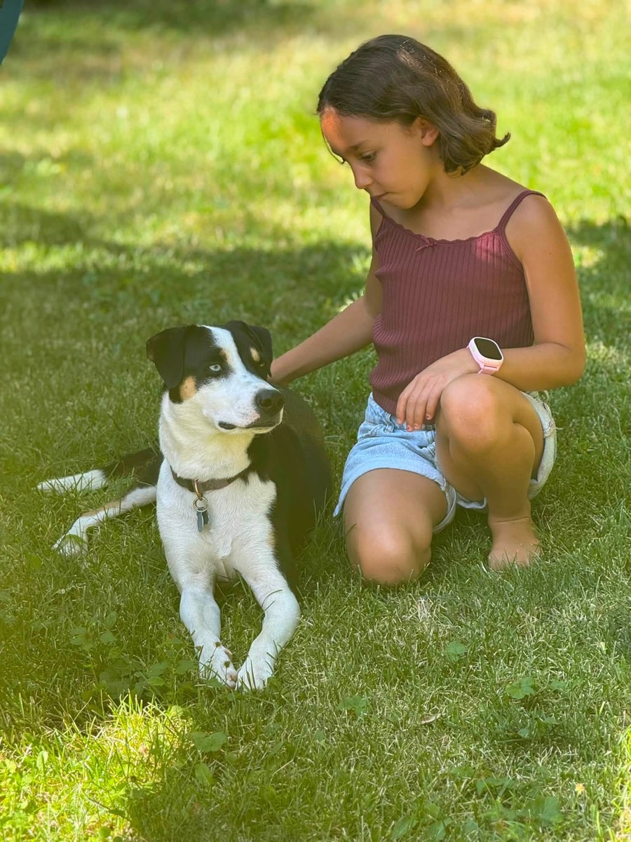 A boarding dog relaxing on the grass with one of our kids by his side